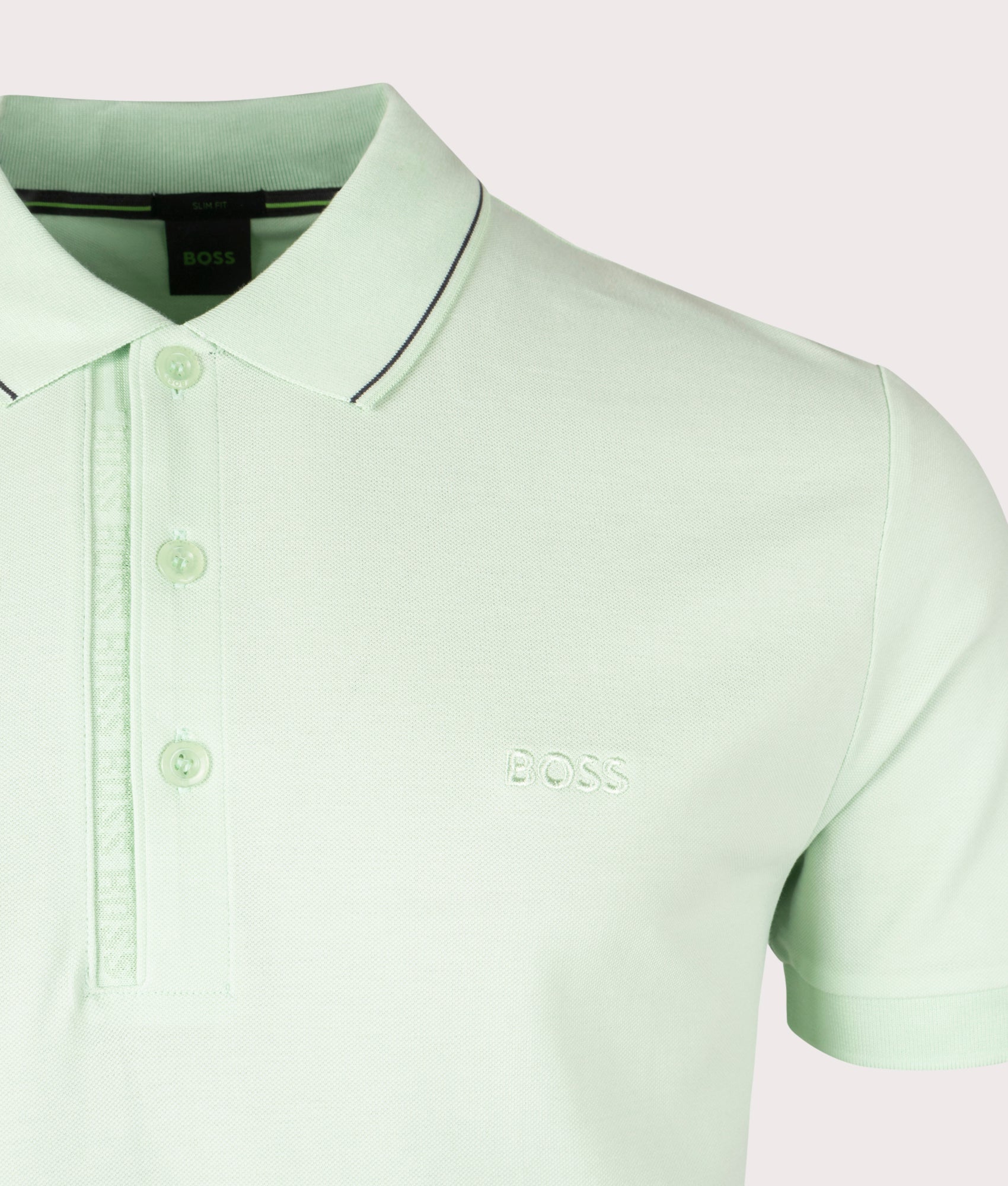 Slim Fit Paule 4 Polo Shirt in Open Green by Boss. EQVVS Detail Shot.