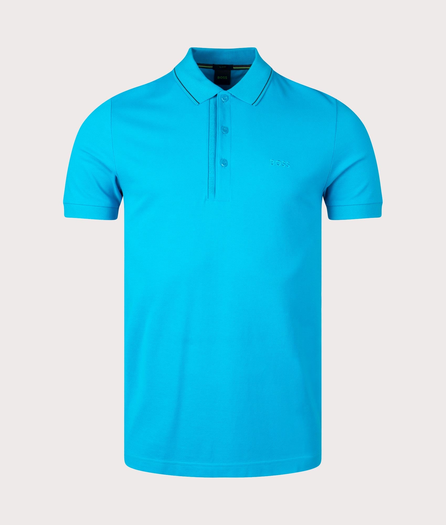 Slim Fit Paule 4 Polo Shirt in Turquoise Aqua by Boss. EQVVS Front Angle Shot.
