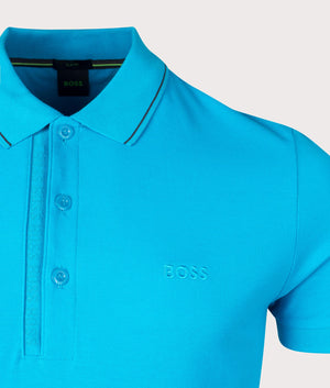 Slim Fit Paule 4 Polo Shirt in Turquoise Aqua by Boss. EQVVS Detail Shot.