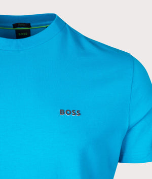 Crew Neck Tee T-Shirt in Turquoise Aqua by Boss. EQVVS Detail Shot.