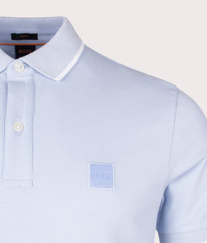 Slim Fit Passertip Polo Shirt in Open Blue by Boss. EQVVS Detail Shot.