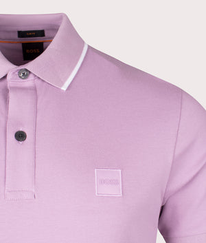 Slim Fit Passertip Polo Shirt in Light Pastel Purple by Boss. EQVVS Detail Shot.