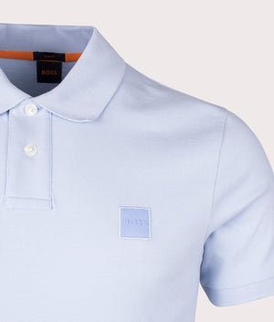 Slim Fit Passenger Polo Shirt in Open Blue by Boss. EQVVS Detail Shot.