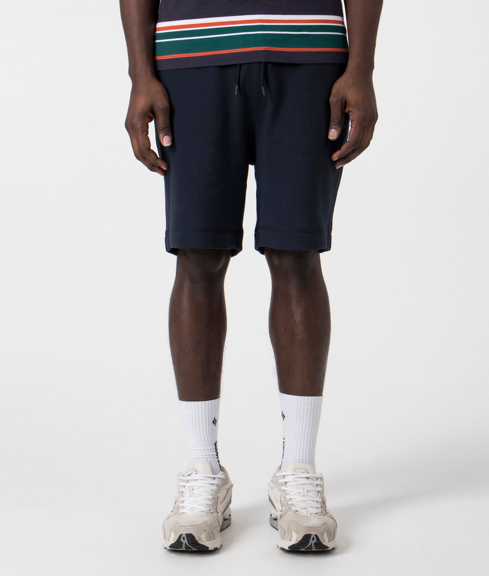 Sewalk Sweat Shorts in Dark Blue by Boss. EQVVS Front Angle Shot.