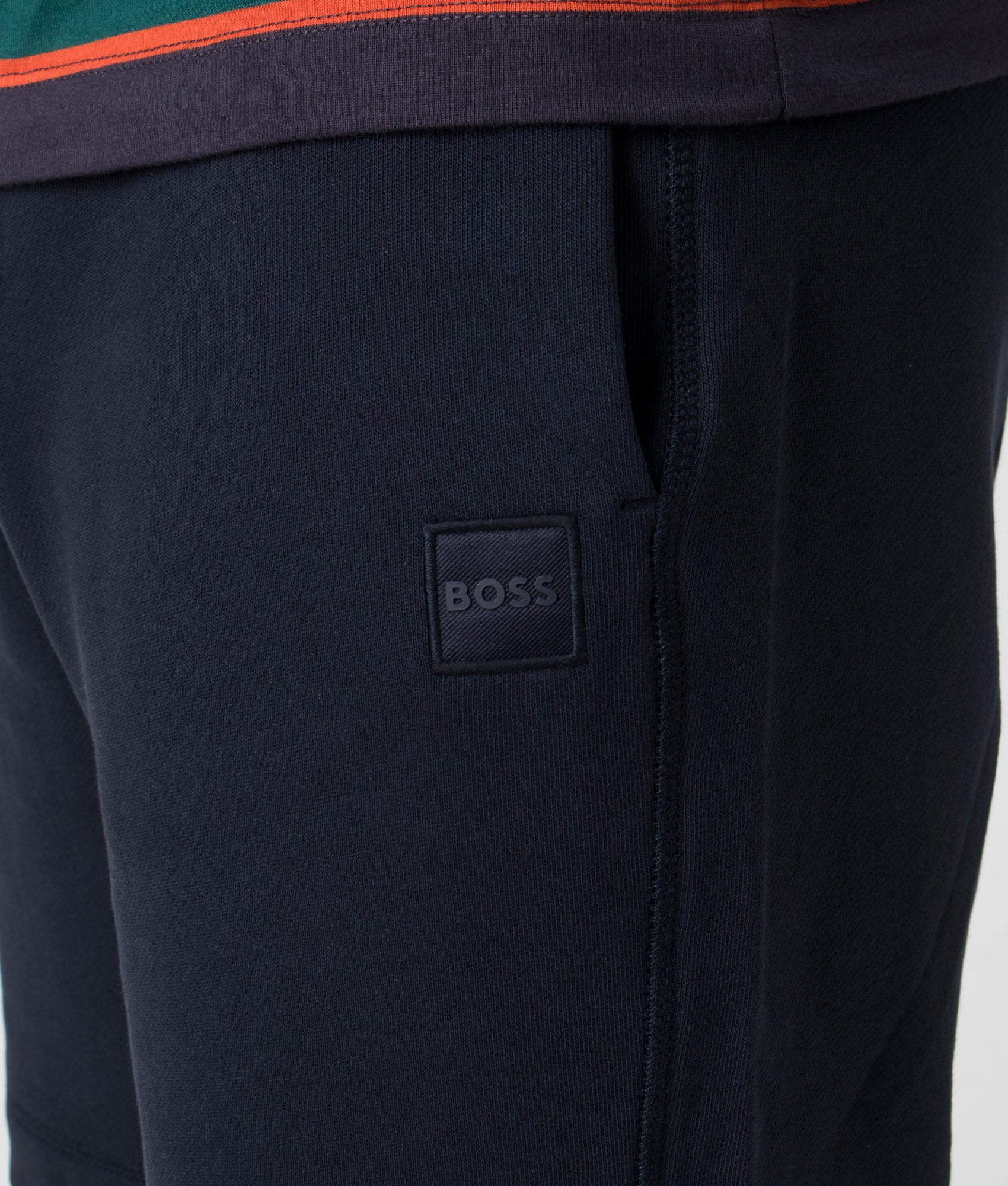 Sewalk Sweat Shorts in Dark Blue by Boss. EQVVS Detail Shot.