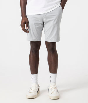 BOSS Slim Fit Chino Shorts in Light/Pastel Grey. Front angle shot at EQVVS.