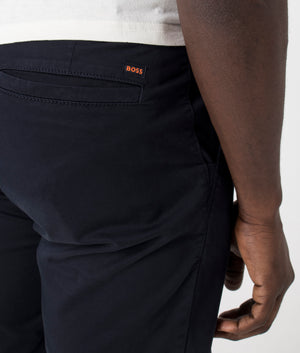 Slim Fit Chino Shorts in Dark Blue by Boss. EQVVS Detail Shot.