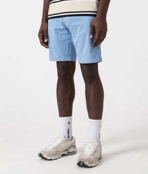 Slim Fit Chino Shorts in Light Pastel Blue by Boss. EQVVS Side Angle Shot.