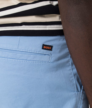 Slim Fit Chino Shorts in Light Pastel Blue by Boss. EQVVS Detail Shot.