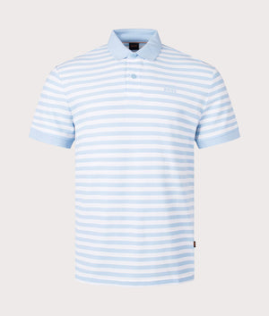 Cotton Pique Polo Shirt With Horizontal Stripe in Pale Blue by Boss. EQVVS Front Angle Shot.