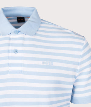 Cotton Pique Polo Shirt With Horizontal Stripe in Pale Blue by Boss. EQVVS Detail Shot.