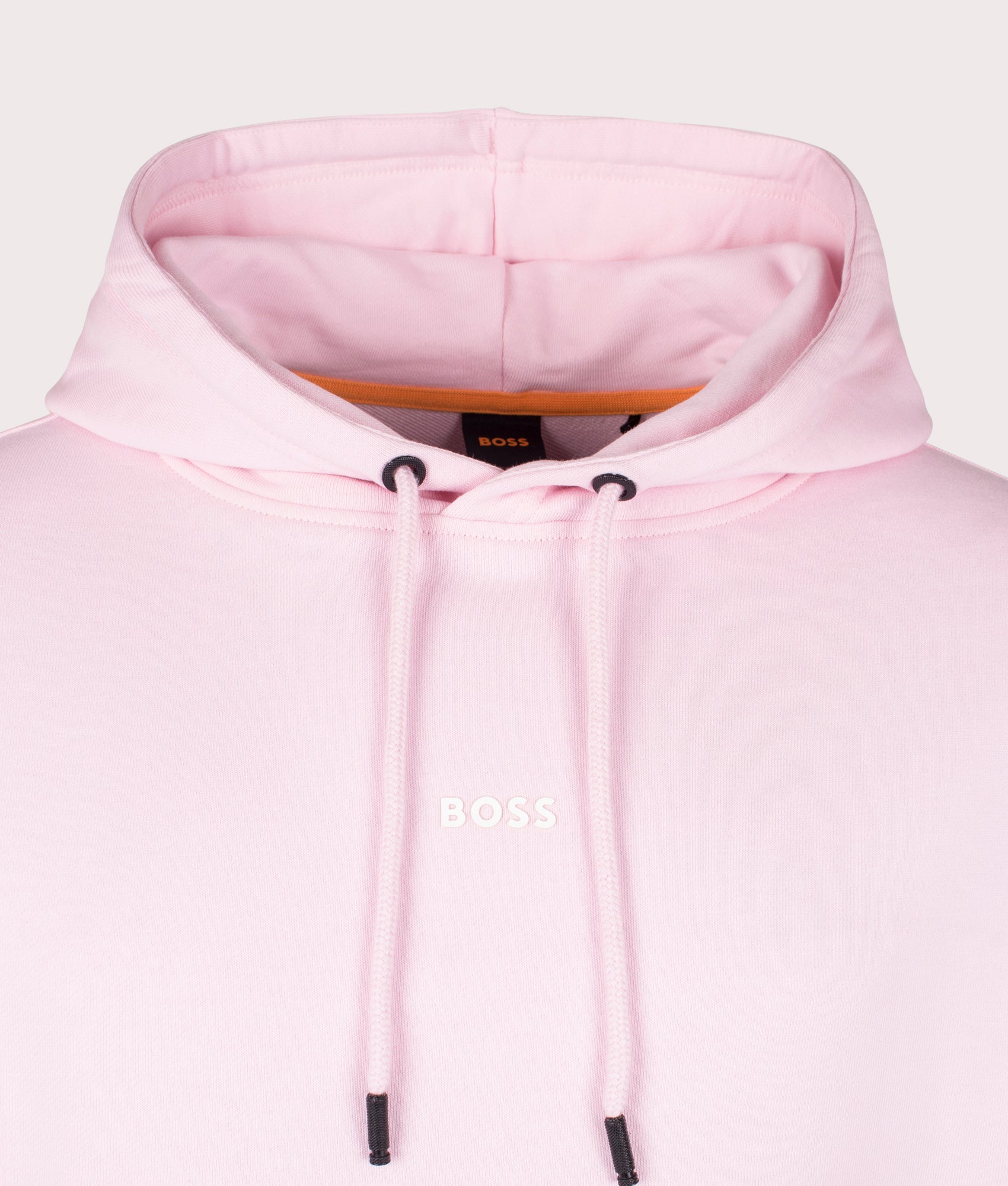 WeSmall Logo Hoodie in Light Pastel Pink by Boss. EQVVS Detail Shot.