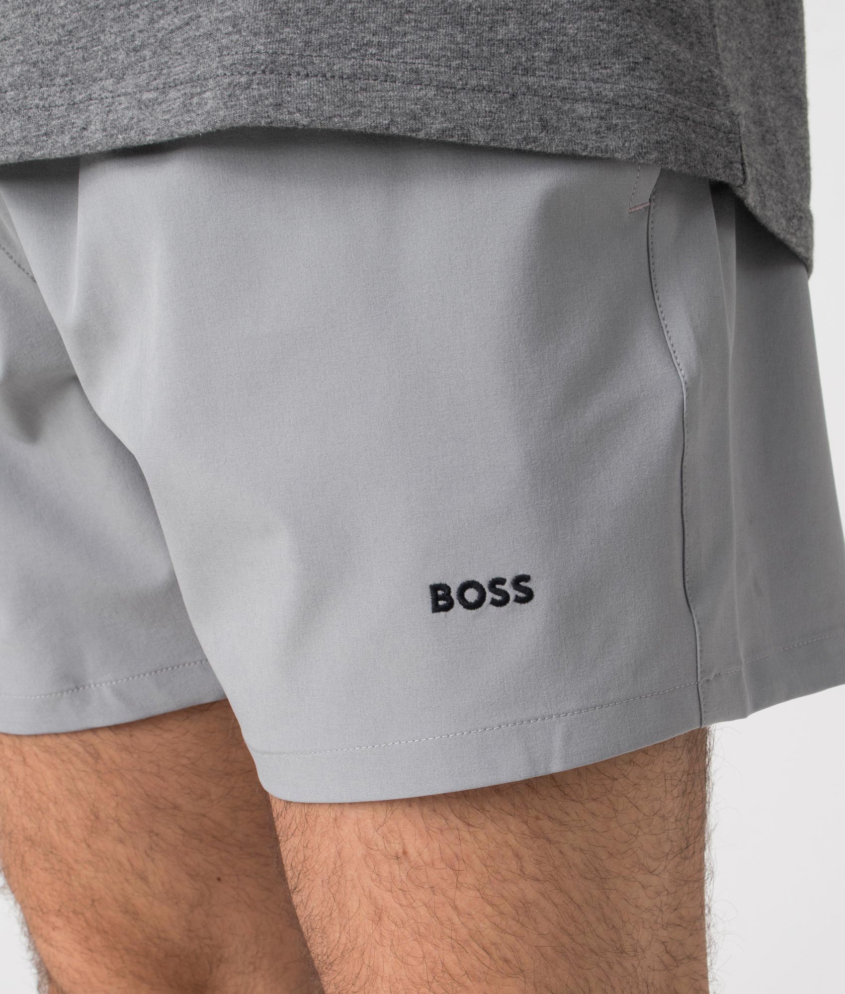 BOSS Tio Swim Shorts in Silver. Detail shot at EQVVS.