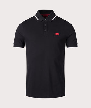 HUGO Slim Fit Deresino 232 Polo Shirt in Black. 100% Cotton. At EQVVS Menswear. Front detail shot
