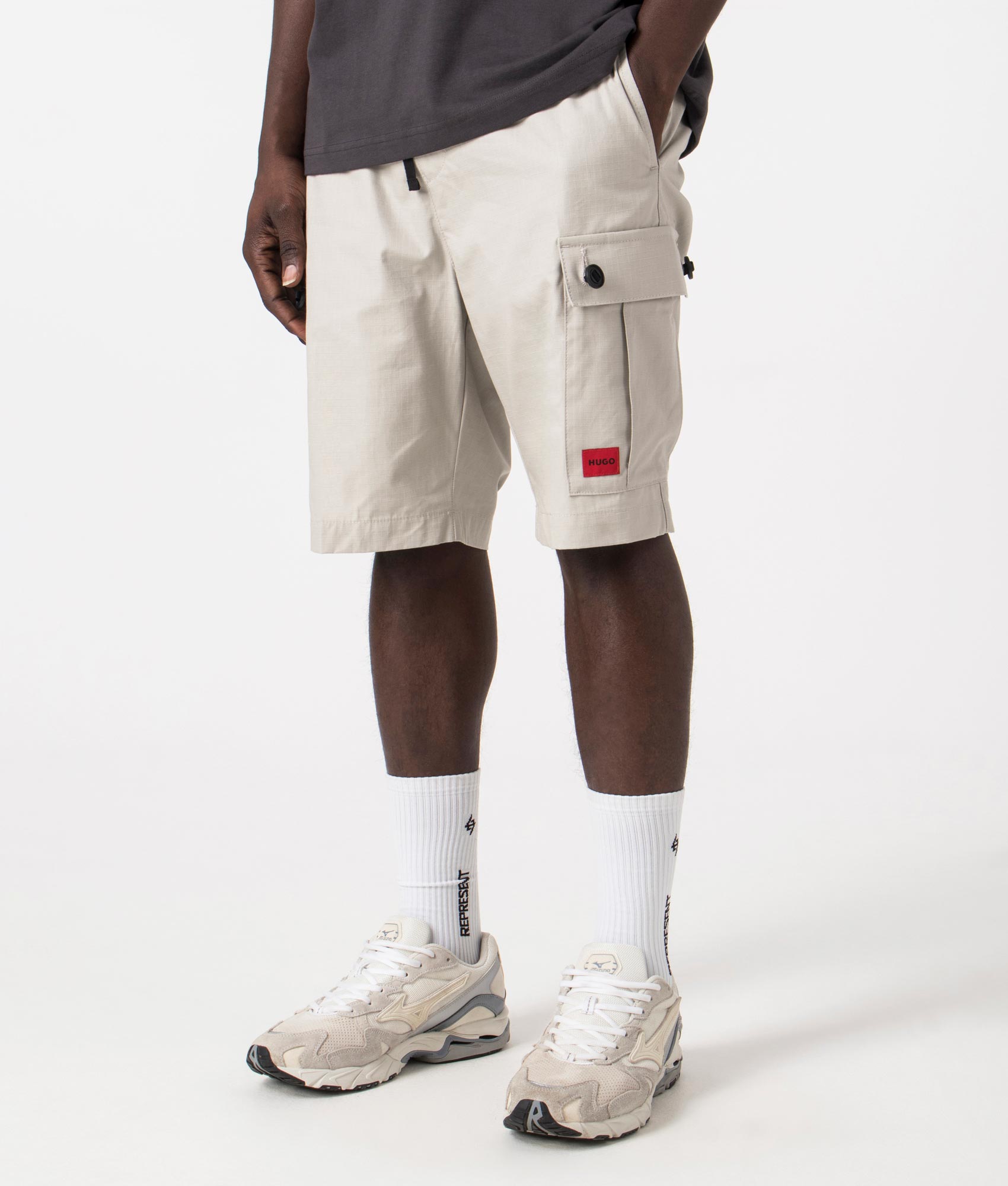 Garlio242 Shorts in Light Pastel Grey by Hugo. EQVVS Side Angle Shot.