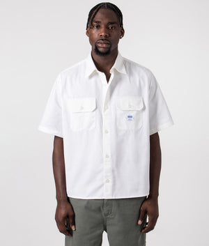 Relaxed Fit Short Sleeve Ekyno Shirt in White by Hugo. EQVVS Front Angle Shot.