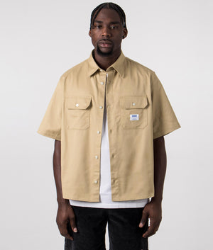 Relaxed Fit Short Sleeve Ekyno Shirt in Medium Beige by Hugo. EQVVS Front Angle Shot.