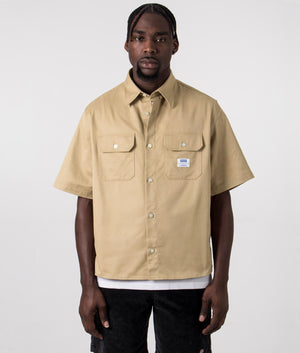 Relaxed Fit Short Sleeve Ekyno Shirt in Medium Beige by Hugo. EQVVS Front Angle Shot.