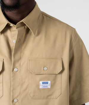 Relaxed Fit Short Sleeve Ekyno Shirt in Medium Beige by Hugo. EQVVS Detail Shot.