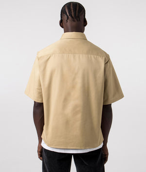 Relaxed Fit Short Sleeve Ekyno Shirt in Medium Beige by Hugo. EQVVS Back Angle Shot.