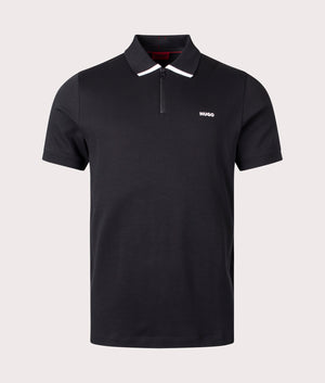 Dalomino Polo Shirt in Black by Hugo. EQVVS Front Angle Shot. 