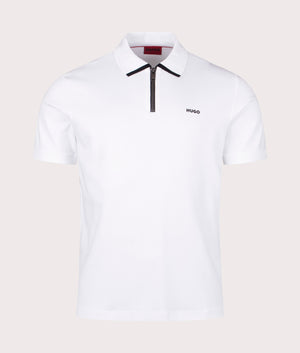 Dalomino Polo Shirt in White by Hugo. EQVVS Front Angle Shot.