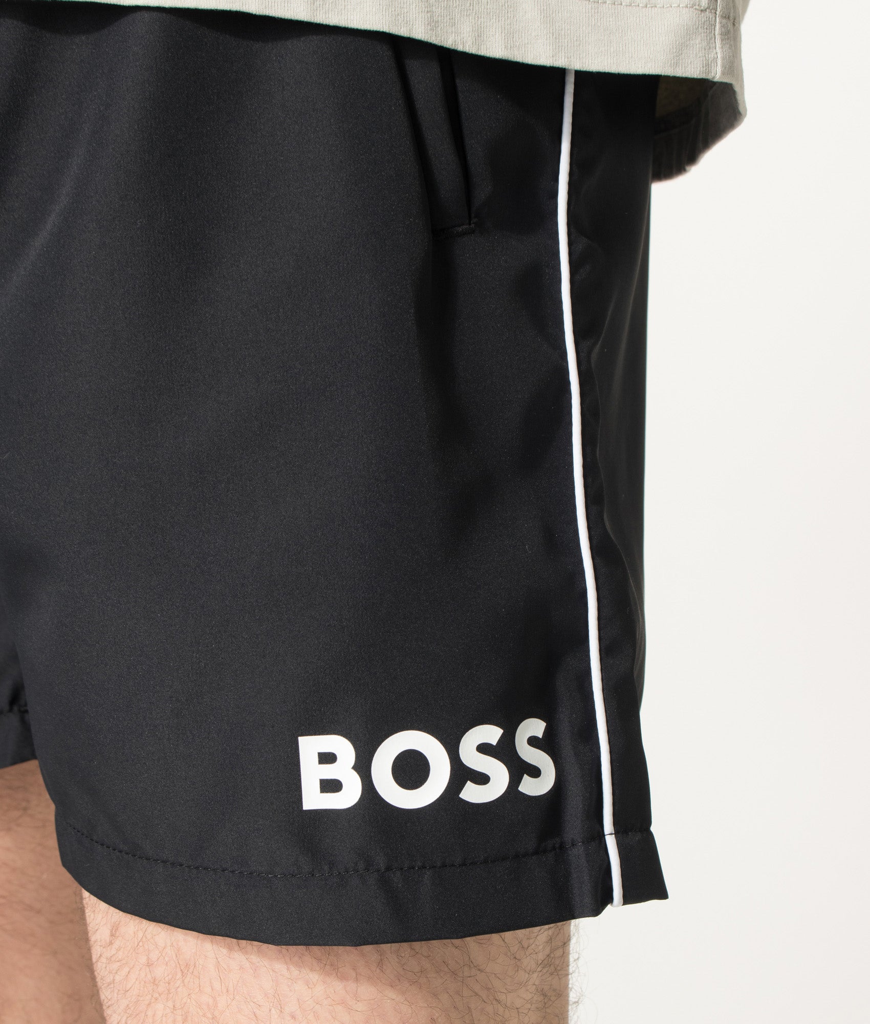 BOSS Starfish Swim Shorts in Black at EQVVS Menswear. Detail shot.