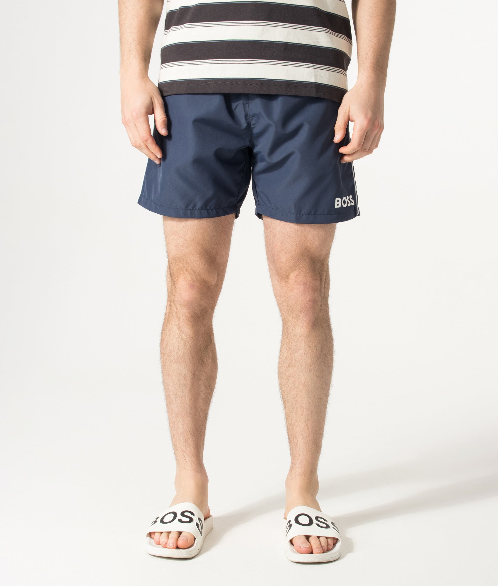 BOSS Starfish Swim Shorts in Navy at EQVVS Menswear. Model front shot.