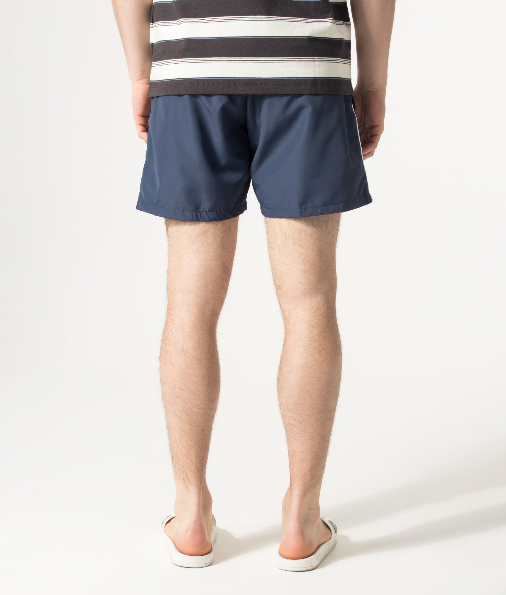 BOSS Starfish Swim Shorts in Navy at EQVVS Menswear. Model back shot.
