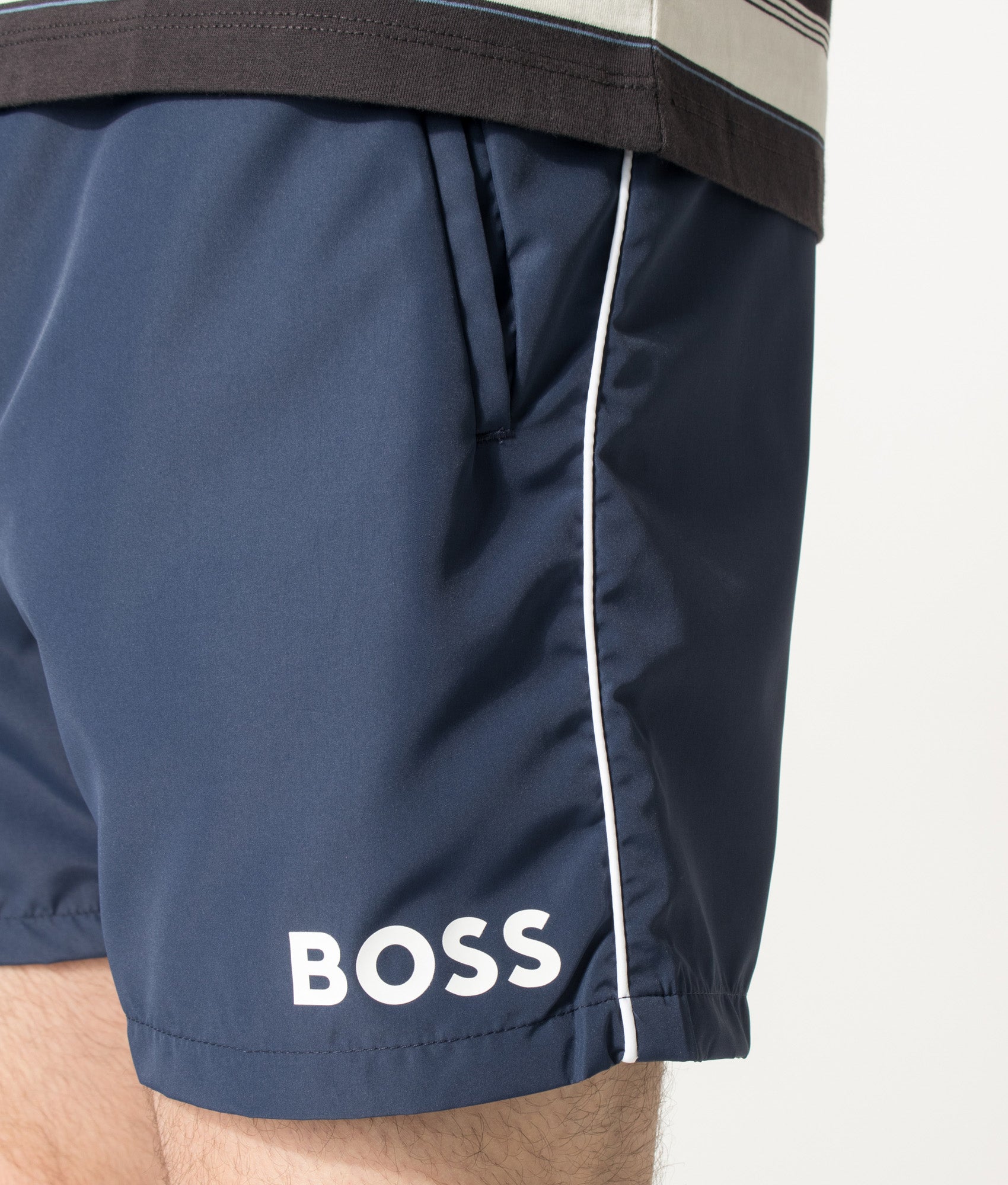 BOSS Starfish Swim Shorts in Navy at EQVVS Menswear. Detail shot.