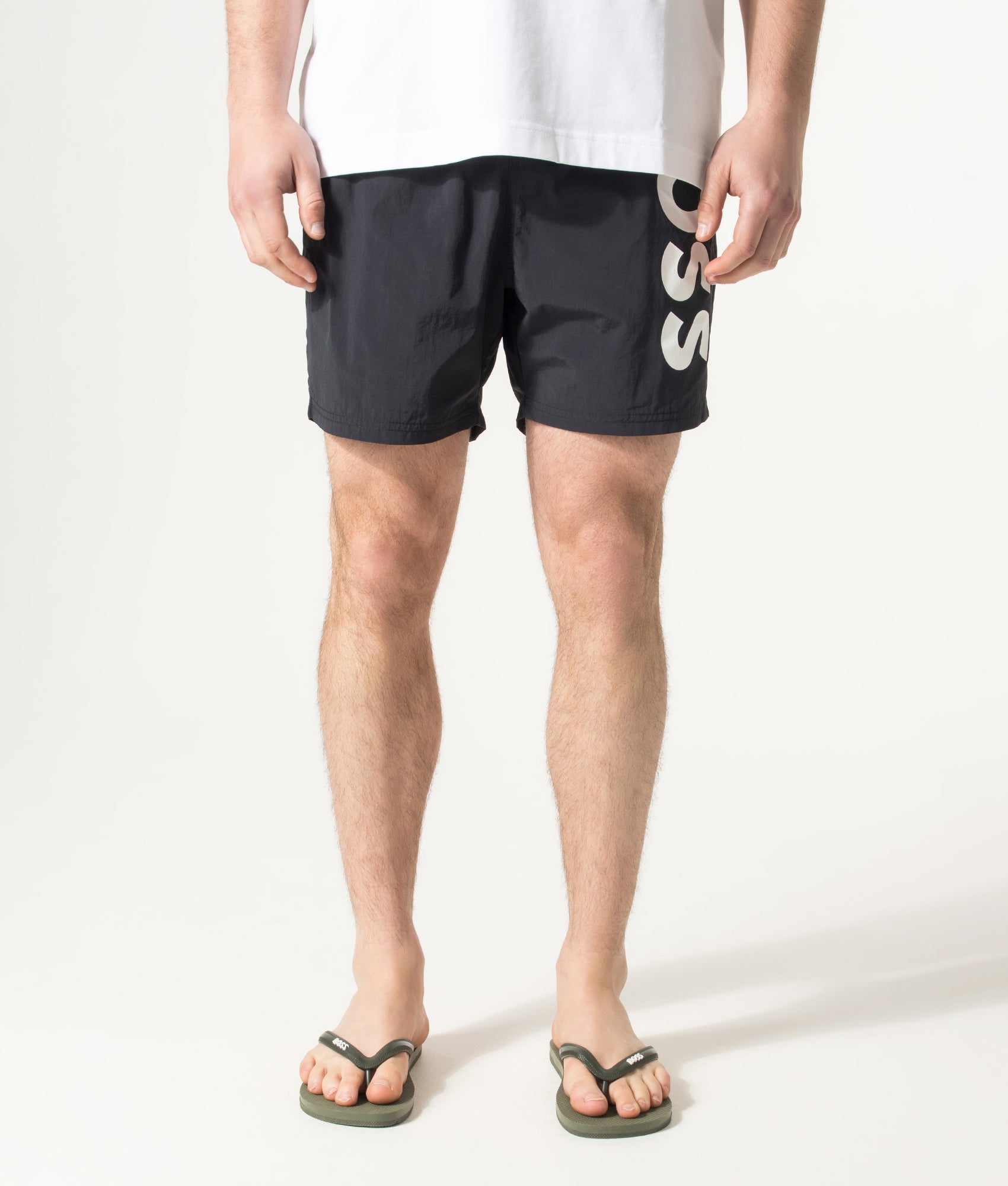 BOSS Octopus Swim Shorts in Black at EQVVS Menswear. Model front shot.