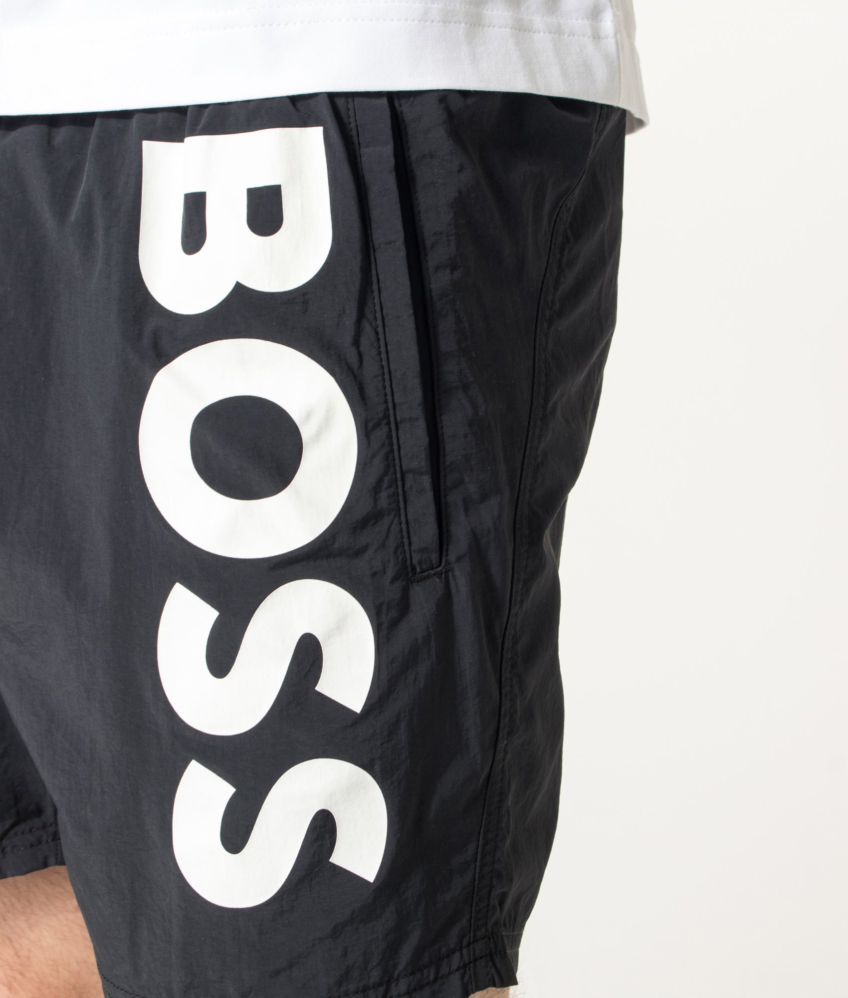 BOSS Octopus Swim Shorts in Black at EQVVS Menswear. Detail shot.