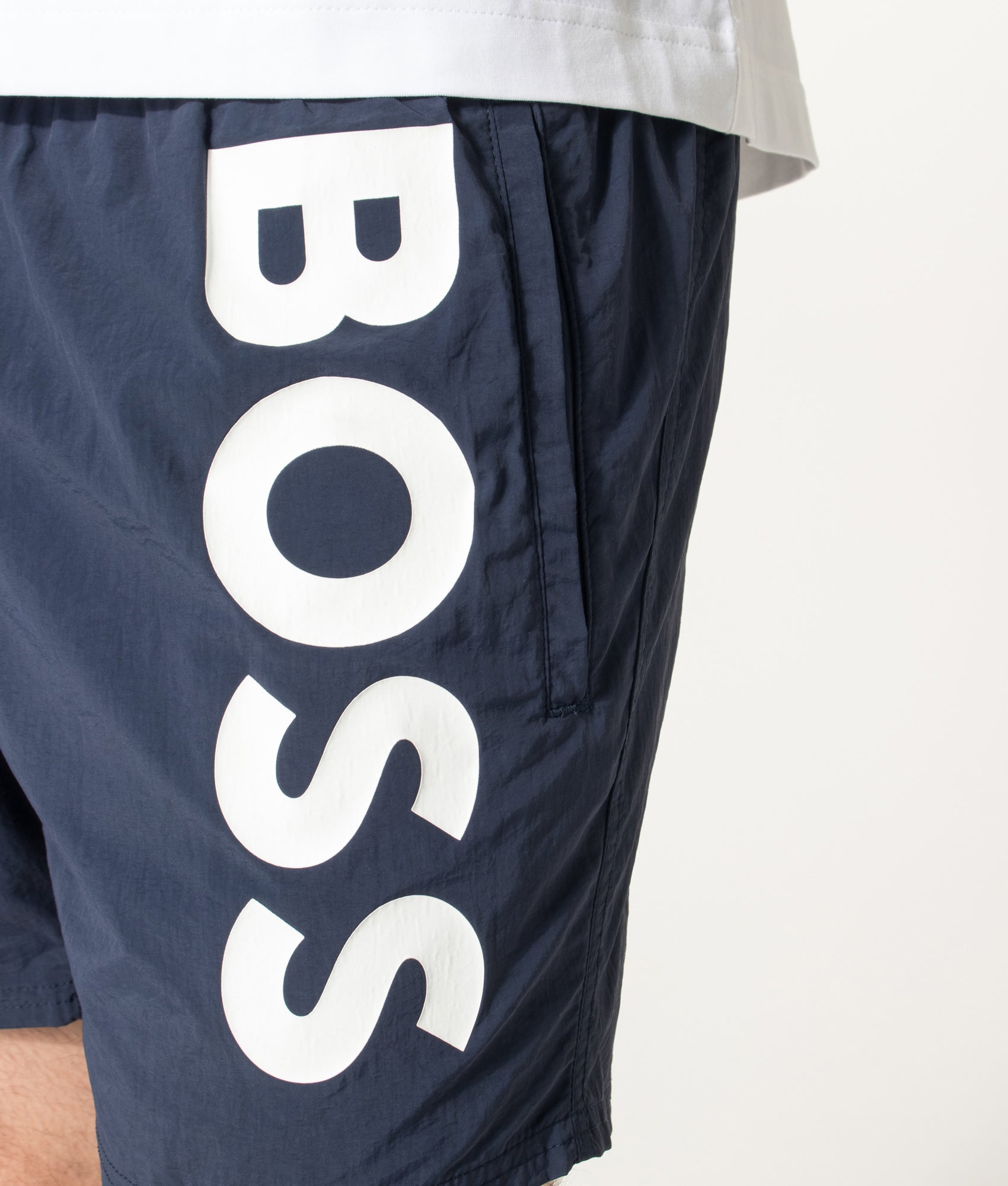 BOSS Octopus Swim Shorts in Navy at EQVVS Menswear. Detail shot.