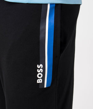 BOSS Authentic Shorts in Black with Blue, White, Grey Stripes, 100% Cotton. Detail shot at EQVVS.