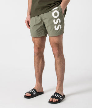 BOSS Octopus Swim Shorts in Beige/Khaki. Side angle shot at EQVVS.