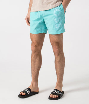 BOSS Octopus Swim Shorts in Turquoise/Aqua. Side angle shot at EQVVS.