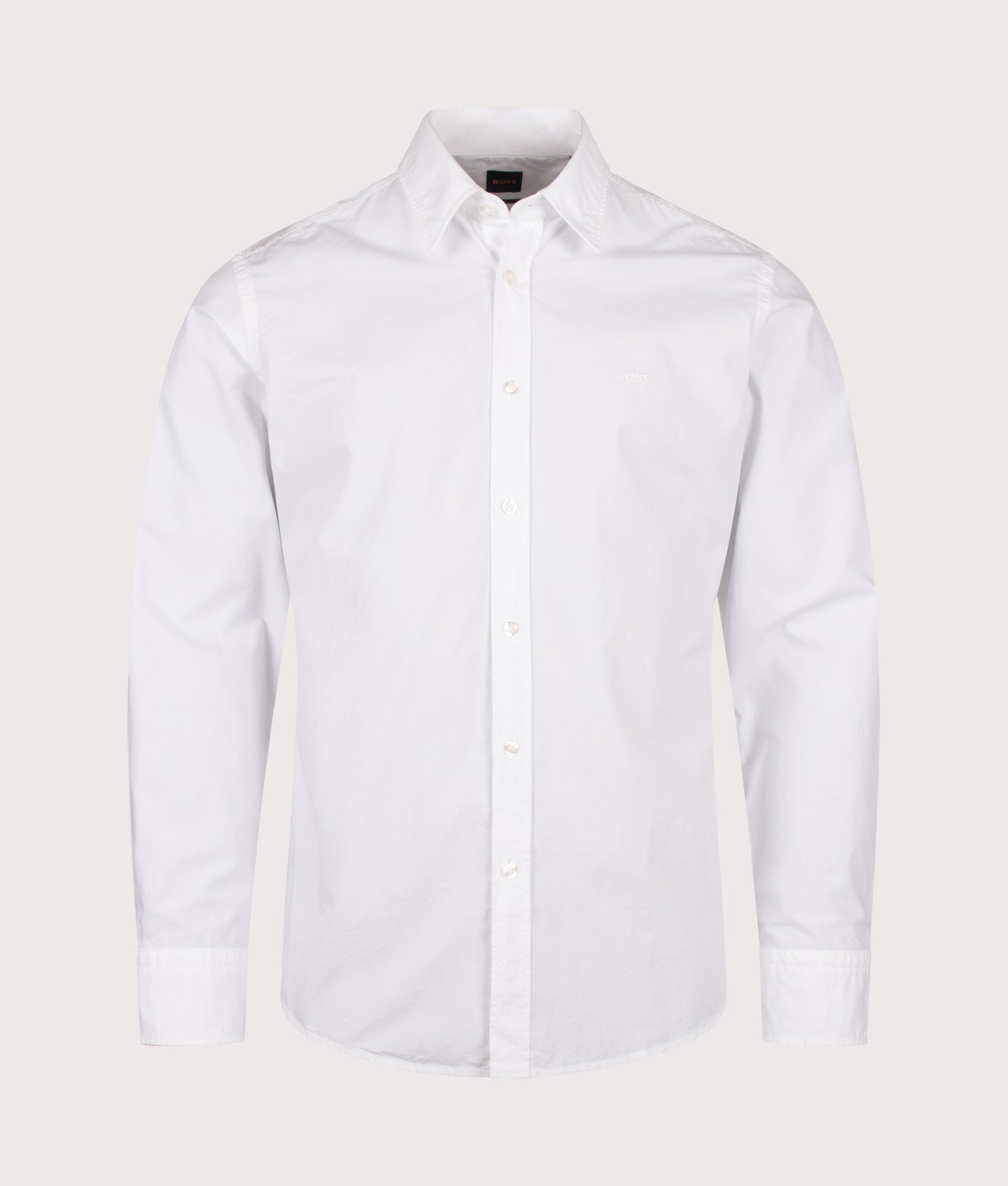 BOSS Regular Fit Relegant 6 M Shirt in White at EQVVS Menswear. Front shot.
