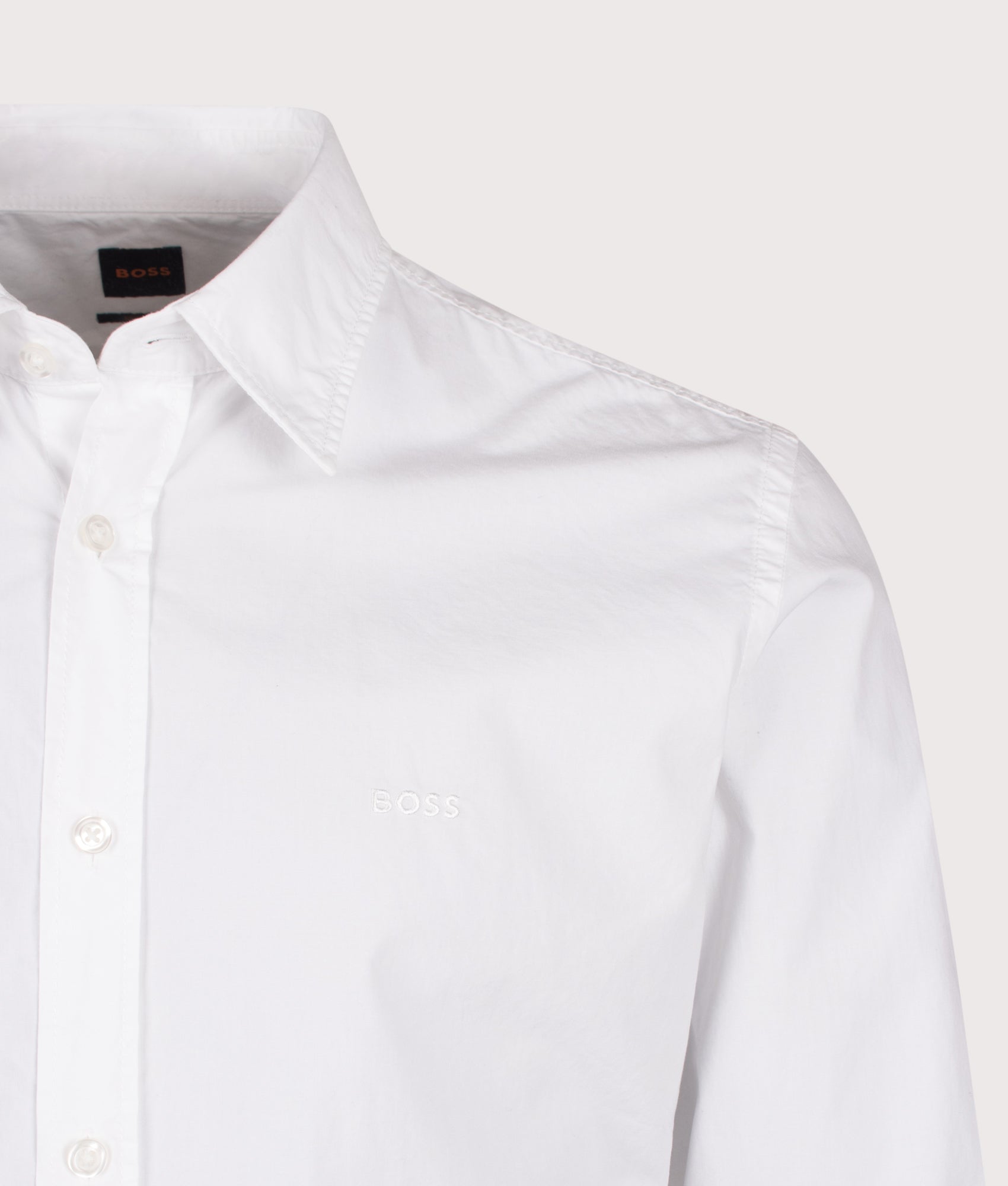BOSS Regular Fit Relegant 6 M Shirt in White at EQVVS Menswear. Detail shot.