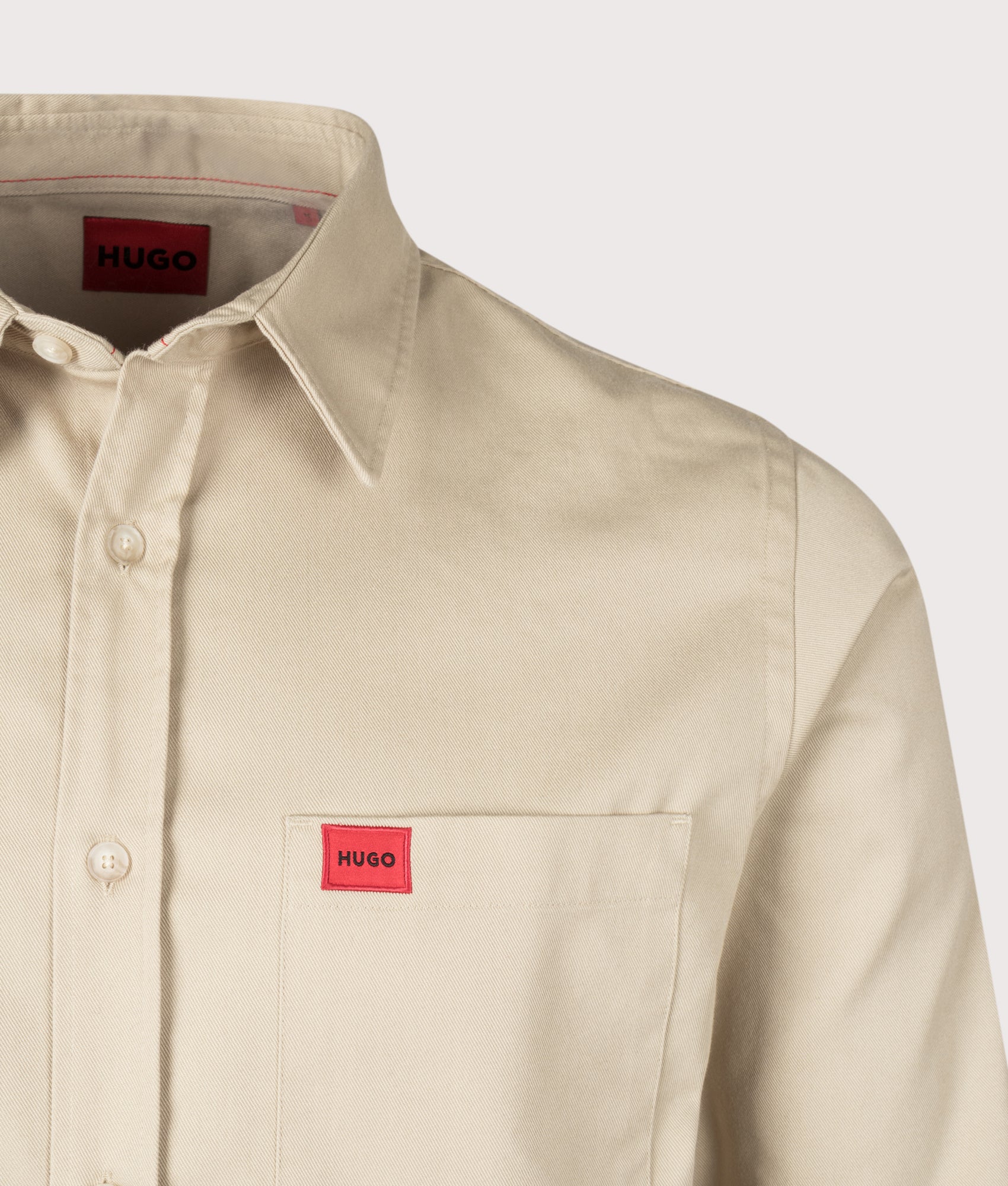 HUGO Egrin Shirt in Open Beige. Detail angle shot at EQVVS.