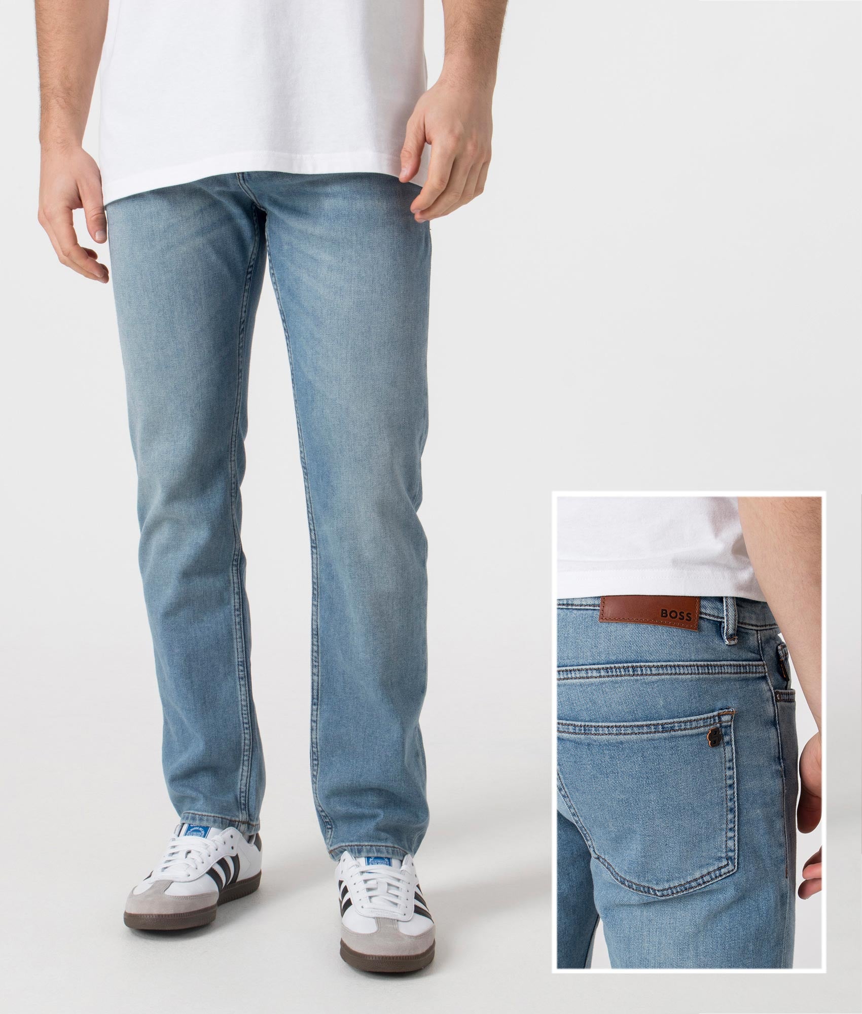 BOSS Delaware Jeans in Bright Blue at EQVVS Menswear. Front shot with back shot insert. 