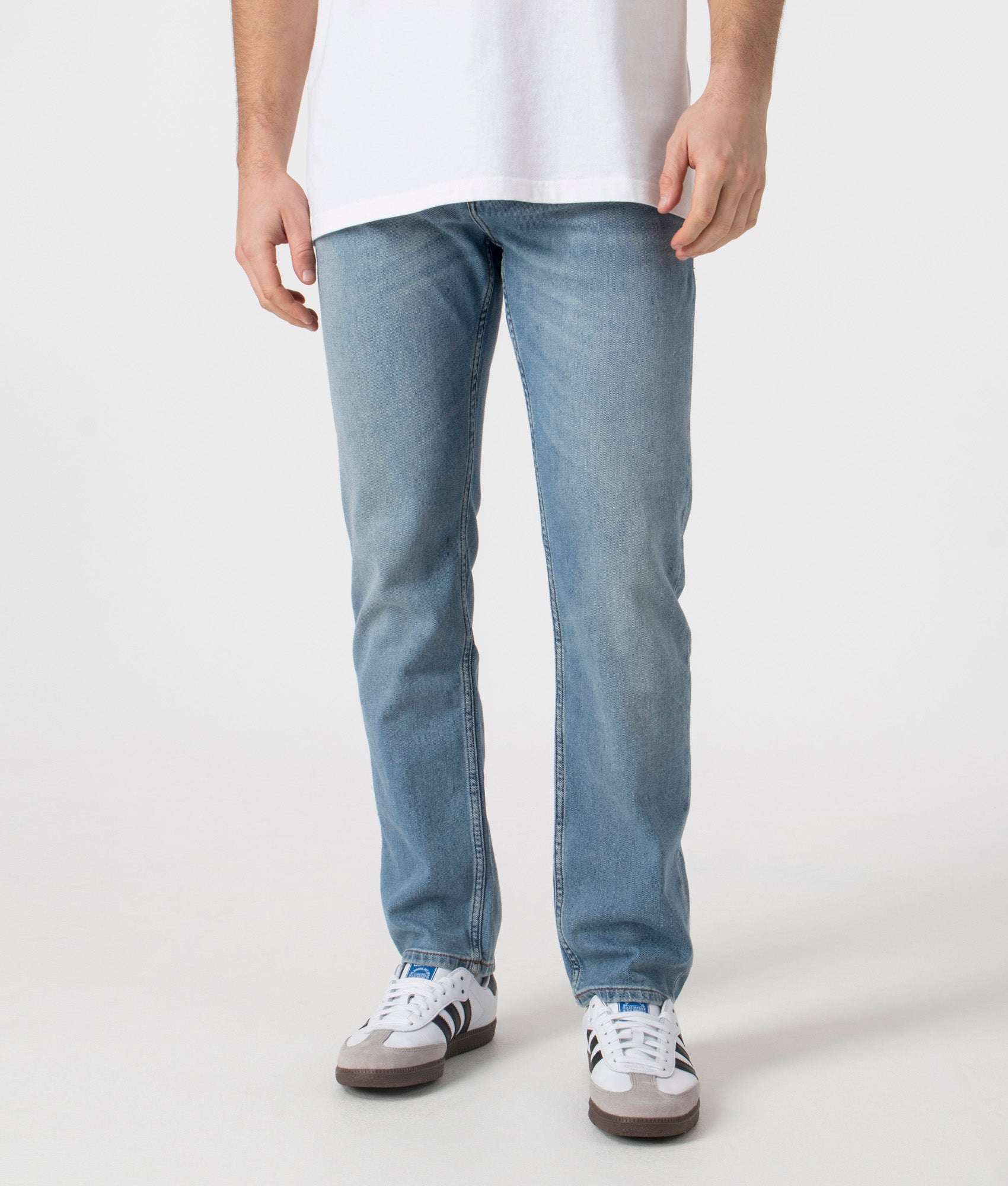 BOSS Delaware Jeans in Bright Blue at EQVVS Menswear. Front shot.