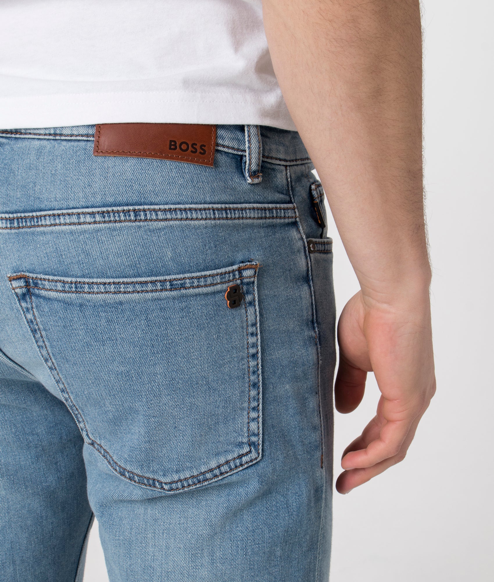 BOSS Delaware Jeans in Bright Blue at EQVVS Menswear. Detail shot.