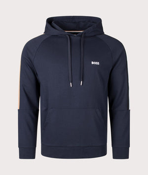 Iconic Hoodie in Dark Blue by BOSS. Shot at EQVVS. Front shot. 
