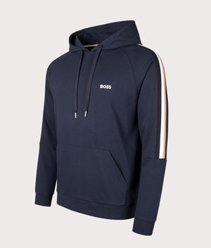 Iconic Hoodie in Dark Blue by BOSS. Shot at EQVVS. Angle shot. 