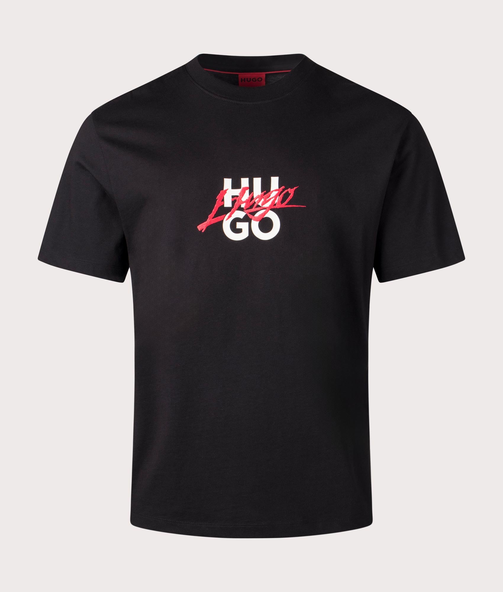 HUGO Relaxed Fit Dlongny T-Shirt in Black, 100% Cotton. At EQVVS Menswear. Front detail shot