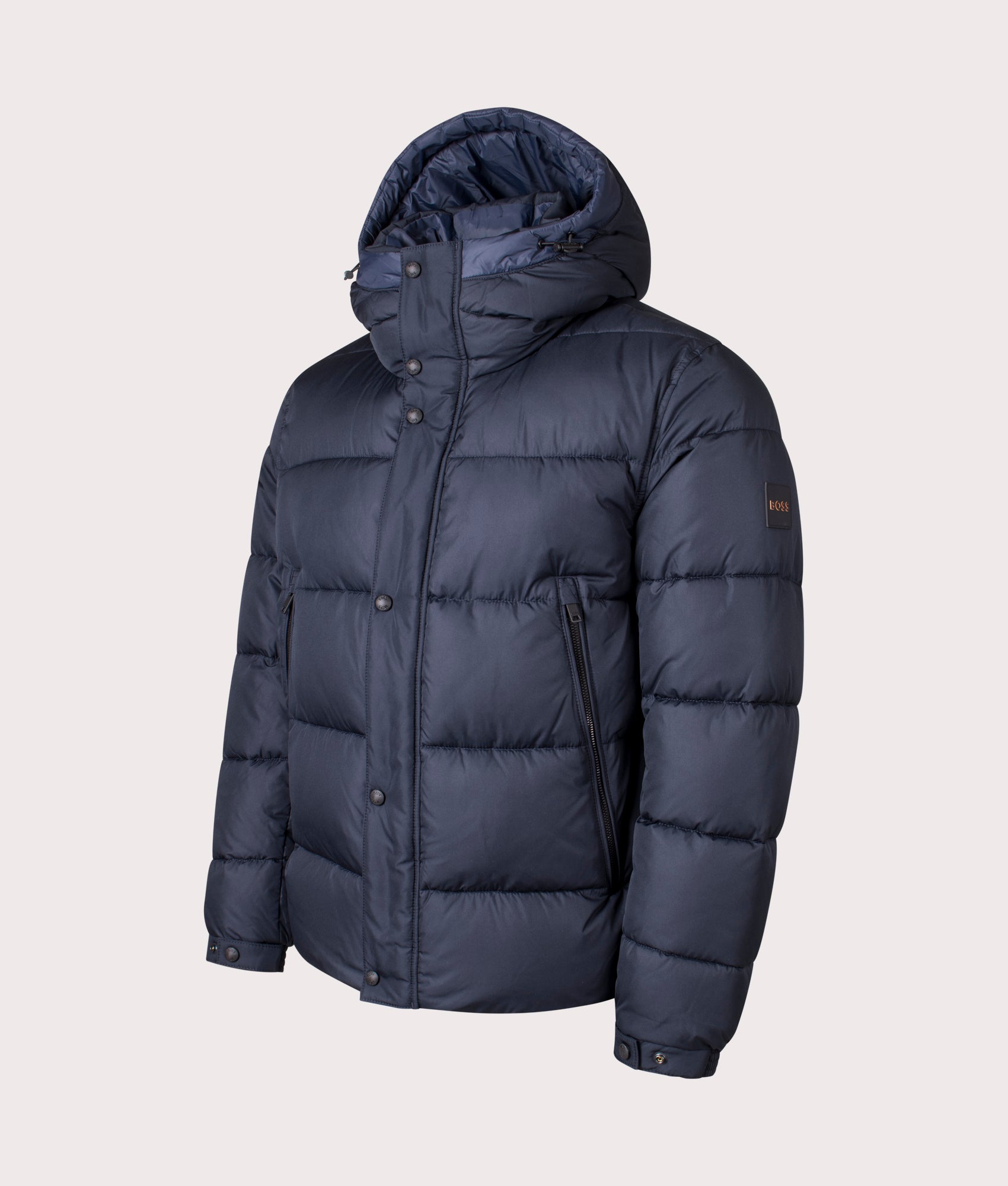 BOSS Navy Blue Omaris Jacket. Shot at EQVVS. Angle shot. 