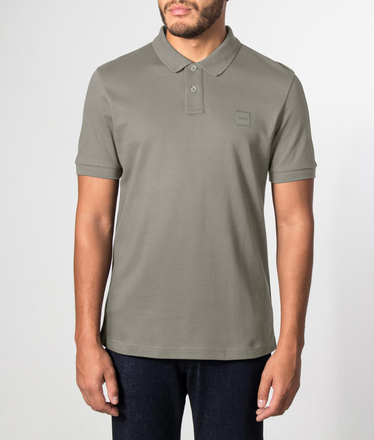 Boss Slim Fit Passenger Polo Shirt in Open Grey at EQVVS Menswear. Front Model Shot