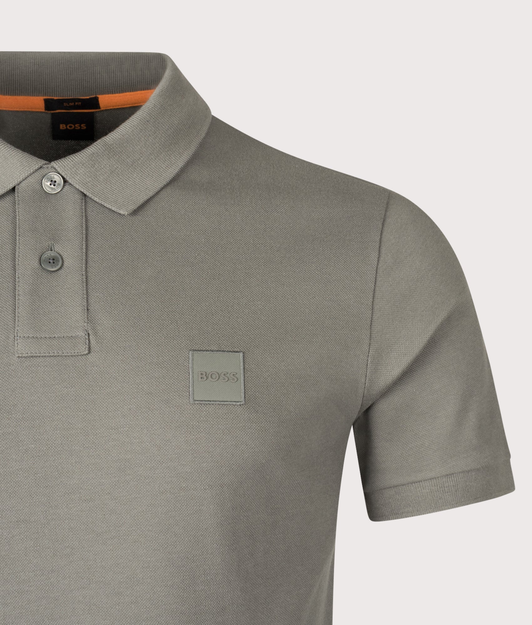 Boss Slim Fit Passenger Polo Shirt in Open Grey at EQVVS Menswear. Detail shot.