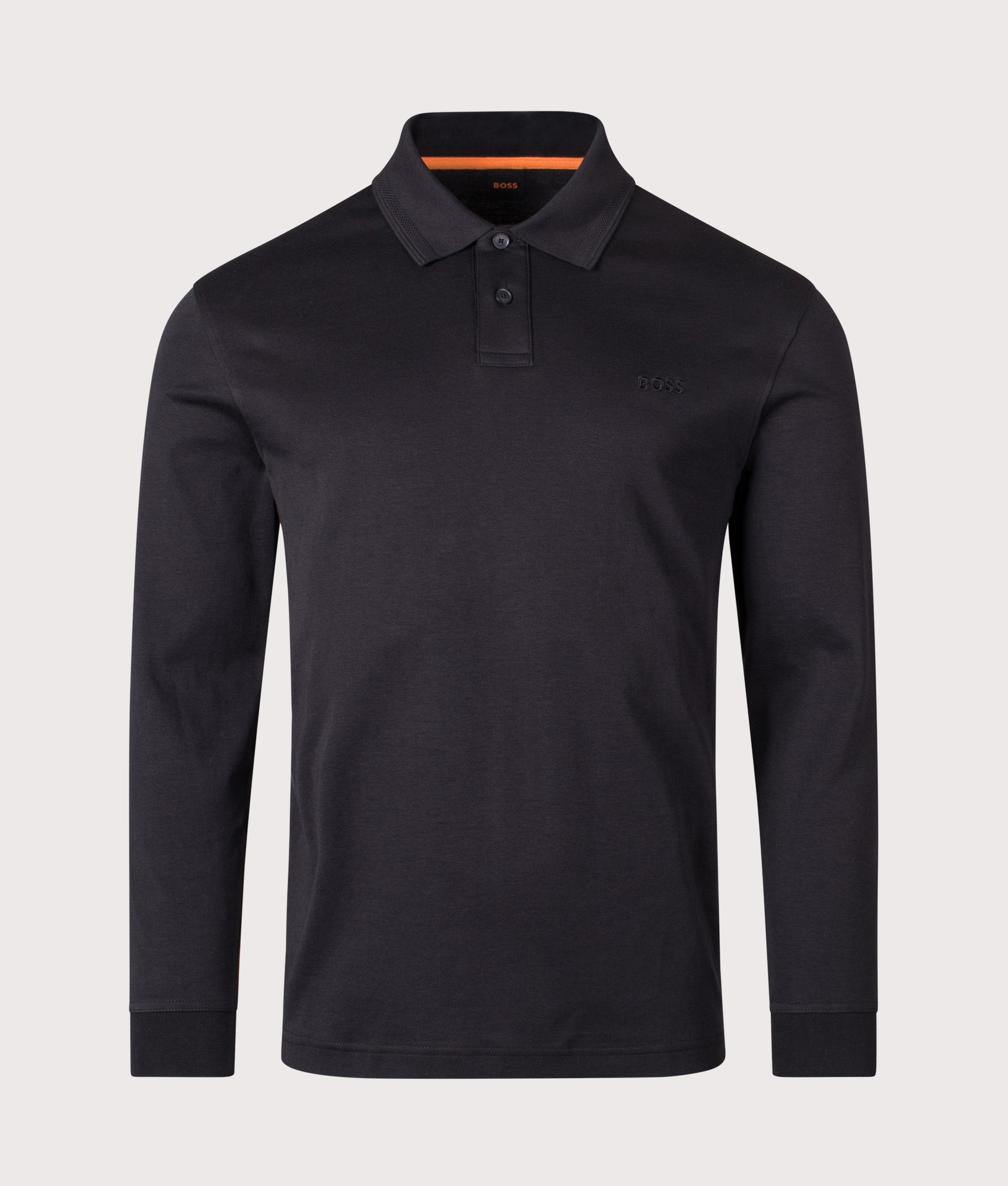Piqué Interlock Long Sleeve Polo Shirt in Black | 100% Cotton | BOSS | EQVVS | Front shot 