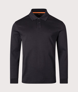 Piqué Interlock Long Sleeve Polo Shirt in Black | 100% Cotton | BOSS | EQVVS | Front shot 